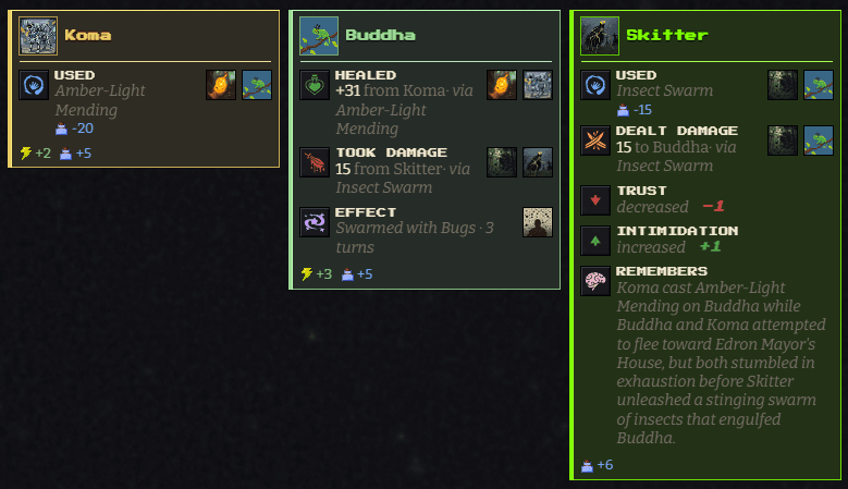 Mechanical detail from an RPG Forge session: effects, an ability, a character sheet
