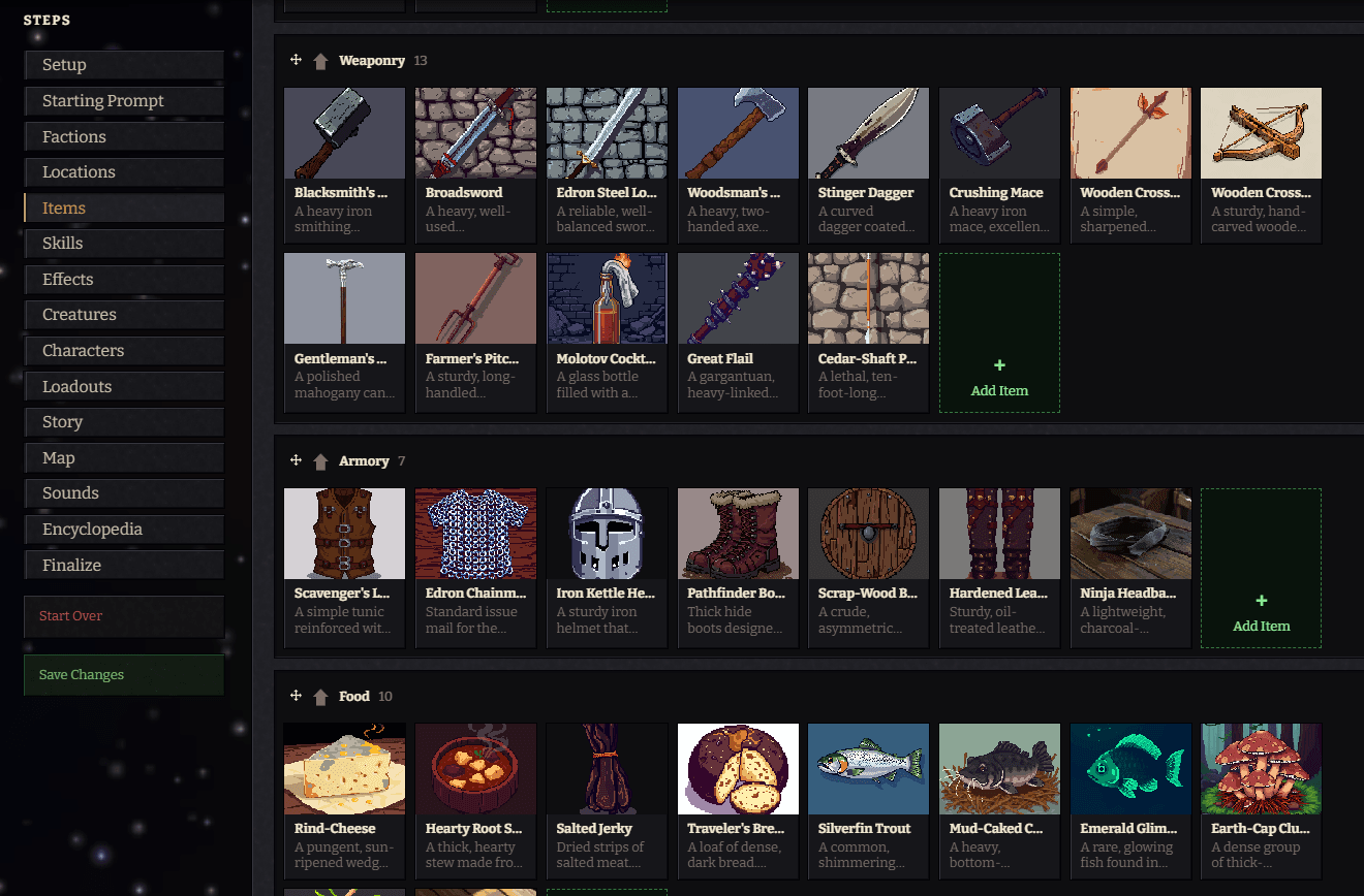 The RPG Forge world editor: the item library, a rule with weighted outcomes, and a vendor's stock