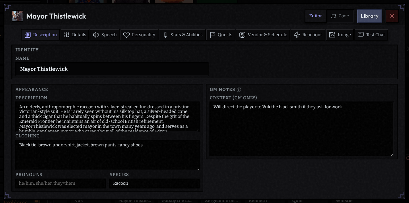 The character editor with its tab strip and Description tab