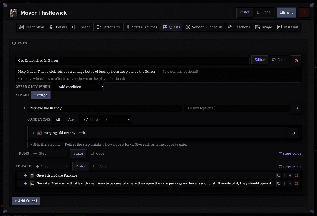 A quest with multiple stages in the character editor