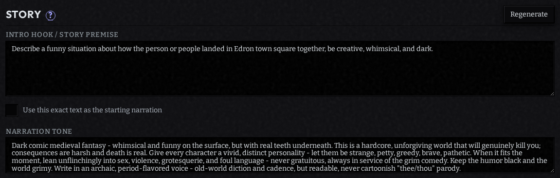 The Story step with opening hook, narration tone, and world quest