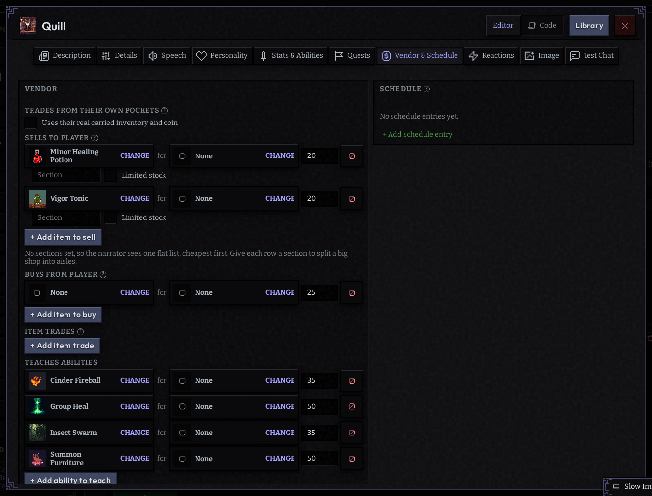 Vendor tab with a stock list and pricing rules